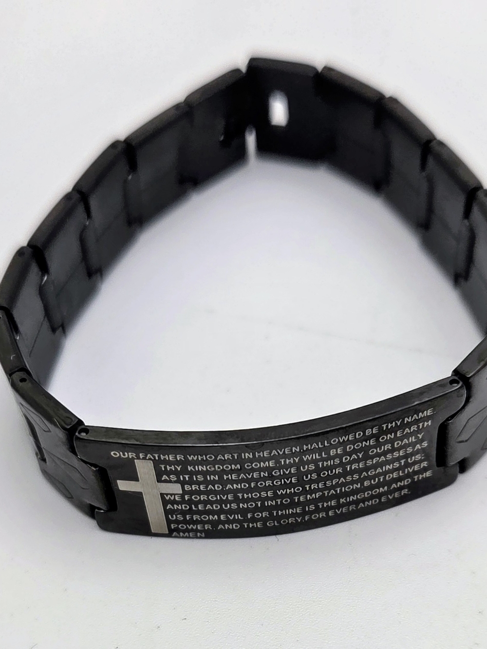 ​Mens Black Stainless Steel Lords Prayer Cross Link Bracelet Religious Christian